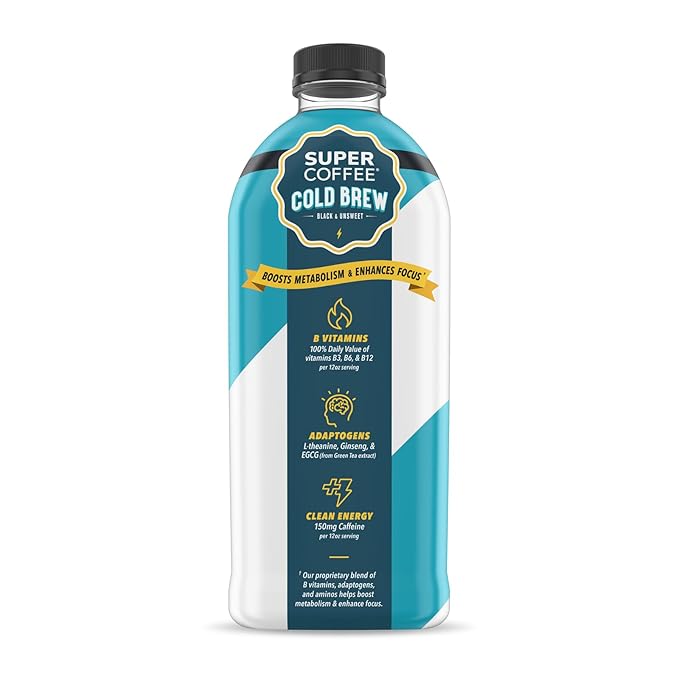 SUPER COFFEE Cold Brew Iced Keto Coffee (0g Added Sugar 25 Calories) [Dark Roast] 50 Fl Oz 6 Pack | Smart Coffee Drinks - SoyFree GlutenFree