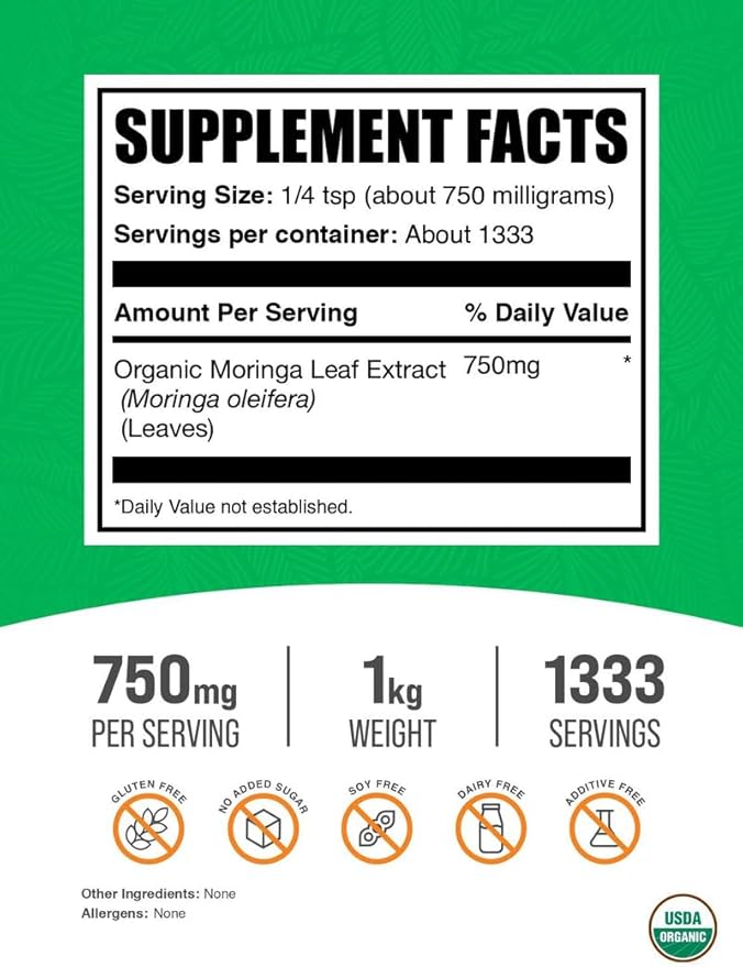 BulkSupplements.com Organic Moringa Extract Powder - Superfood Supplement from Moringa Oleifera - Vegan &amp Gluten Free 750mg per Serving 1kg (2.2 lbs) (Pack of 1)