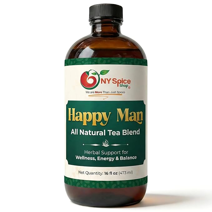 NY Spice Shop Happy Man Herbal Tea Blend - All-Natural Beverage For Everyday Use - Plant-Based Infusion Crafted With Natural Ingredients - Liquid Tea Concentrate - 16 Ounce Bottle (3 Count)