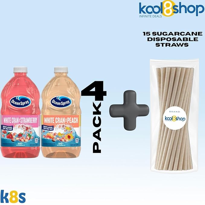 Ocean Spray White Cran Strawberry and White Cran Peach Juice Drink 64 fl oz Plastic Bottles 4 Pack + 15 Sugarcane Disposable Straws by KOOL8SHOP Infinite Deals
