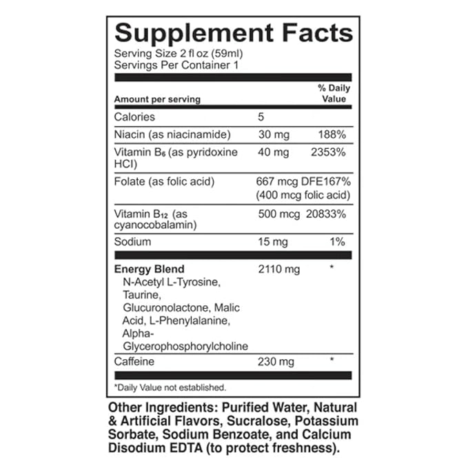 Extra Strength Energy Shot 48 Bottles (2 fl oz Each) – Sugar Free Liquid Energy Supplement with Caffeine (Pack of 1)
