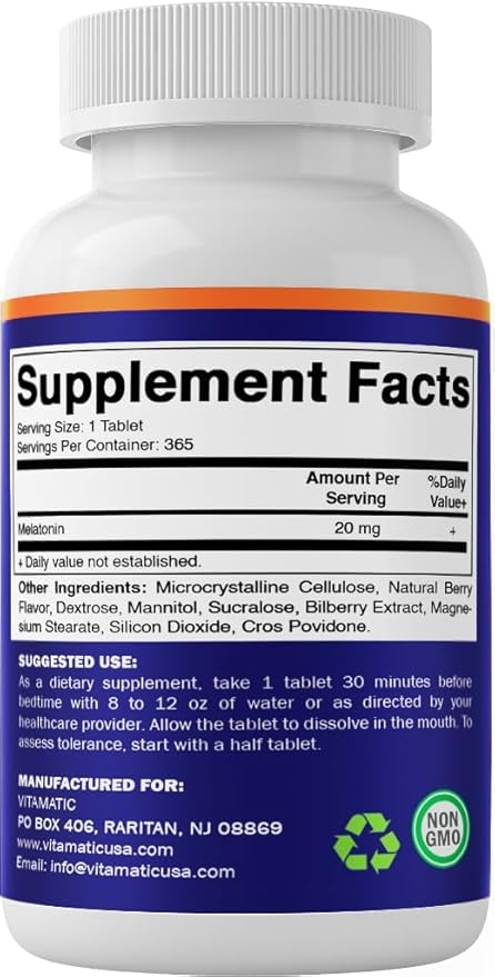 Vitamatic Melatonin 20 mg Tablets | Vegetarian Non-GMO Gluten Free | 1 Year Supply | Natural Berry Flavor - 365 Tablets (Pack of 2)