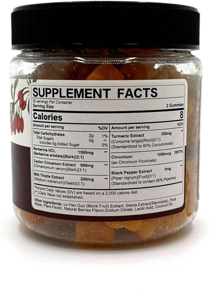 Berberine Gummies Supplement 1500mg Natural GLP-1 Support + Ceylon Cinnamon Chromium Milk Thistle Turmeric AMPK Activator for Women &amp Men Berberine HCl from Indian Barberry Sugar Free 2 Pa