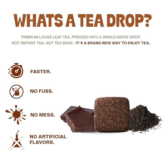 Tea Drops 30 Bulk Pack Organic Chocolate Earl Grey Bagless Tea - Loose Leaf Lightly Sweetened On-The-Go. Plastic-Free - Iced or Hot Tea