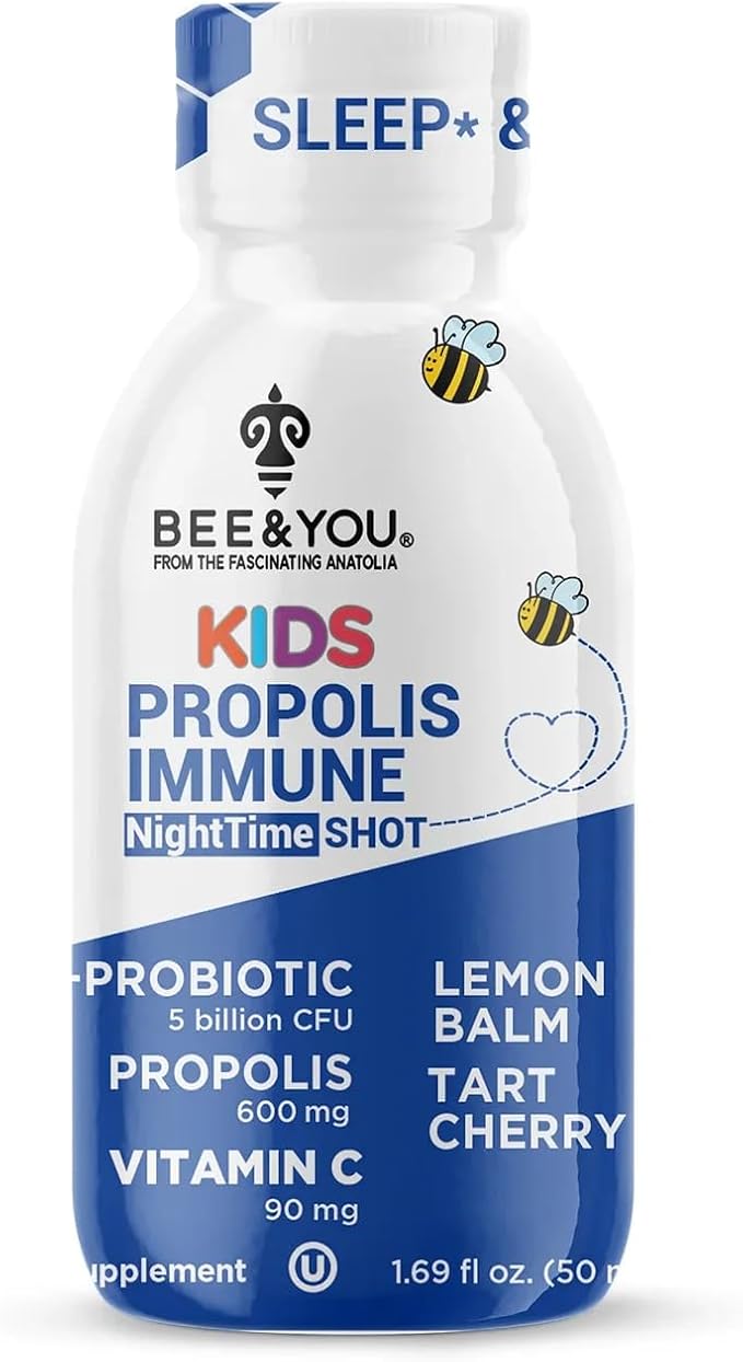 Bee and You Kids Propolis Immune Night Time Shot - Probiotic Lemon Balm Tart Cherry Sleep Support Immune Support Gut Health 1.69 Fl. oz 12 Pack