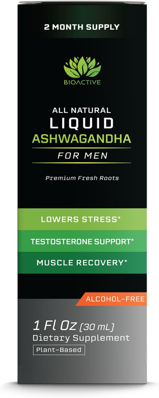 BIOACTIVE Liquid Ashwagandha Supplement Drops - Testosterone Booster For Men* - Adaptogen for Stress Support Men’s Wellness - Organic Vegetarian Gluten Free Non-GMO 59 Servings (1 Oz Unflavored)