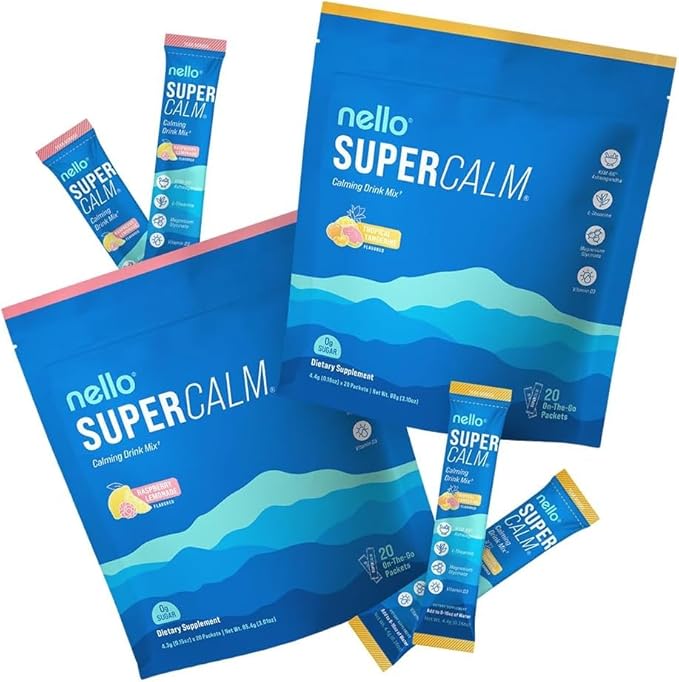 Nello Supercalm Drink Mix - Raspberry Lemonade and Tropical Tangerine Ashwagandha KSM 66 Magnesium Glycinate &amp L-Theanine Supplement - Focus and Relaxation Support (2 x 20 Travel Packets)