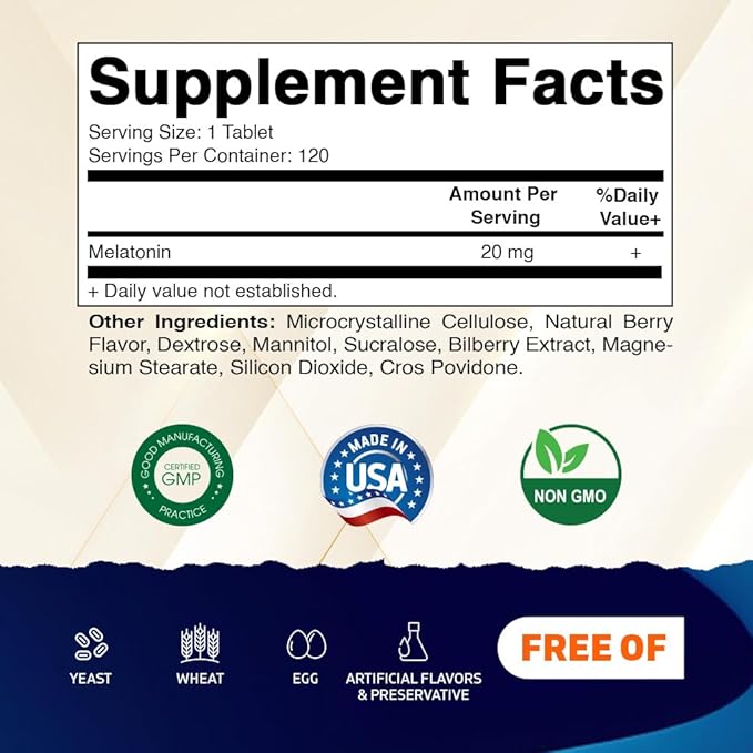 Vitamatic Melatonin 20 mg Tablets | Vegetarian Non-GMO Gluten Free | HIGH Potency 20 MG | Natural Berry Flavor (1/2 Tablets = Melatonin 10 mg) (120 Count (Pack of 3))