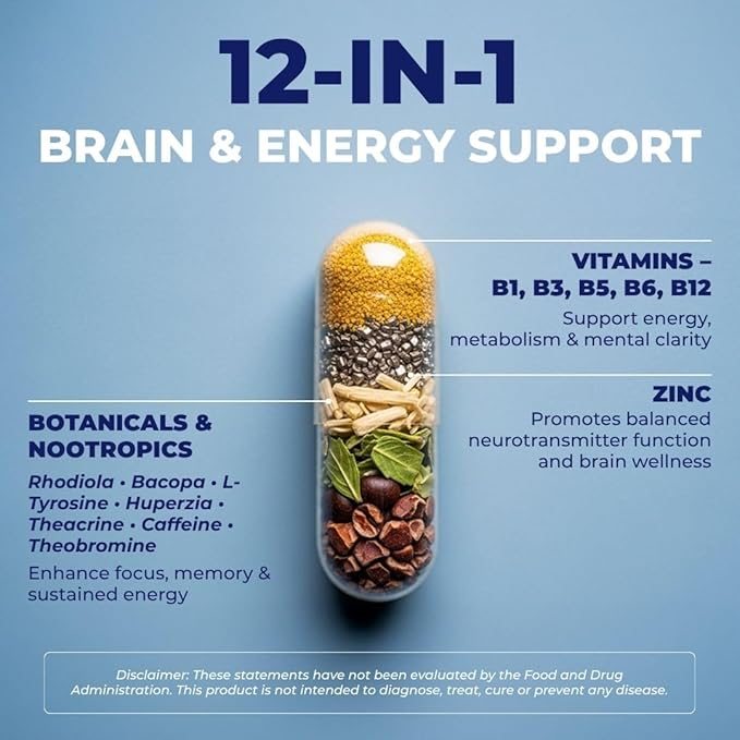 Vital Nootropic 12-in-1 Brain Supplement for Memory Focus &amp Energy Support – L-Tyrosine Bacopa Rhodiola Caffeine B Vitamins – Cognitive Balance Capsules for Men &amp Women-30 Days Supply