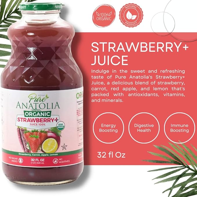 Organic Fruit Juices by Pure Anatolia • Pomegranate • Carrot Mix • Green Detox • Antioxidant • Tart Cherry • USDA Organic Gluten Free Vegan - 6 Glass Bottles of 32 fl oz. (Strawberry+)
