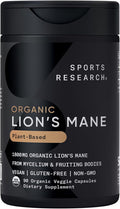 Sports Research® Organic Lion's Mane Mushroom Supplement 1800mg - Brain Health Focus &amp Cognitive Supports - USDA Certified Organic · Non-GMO · Vegan - 90 Count Capsules