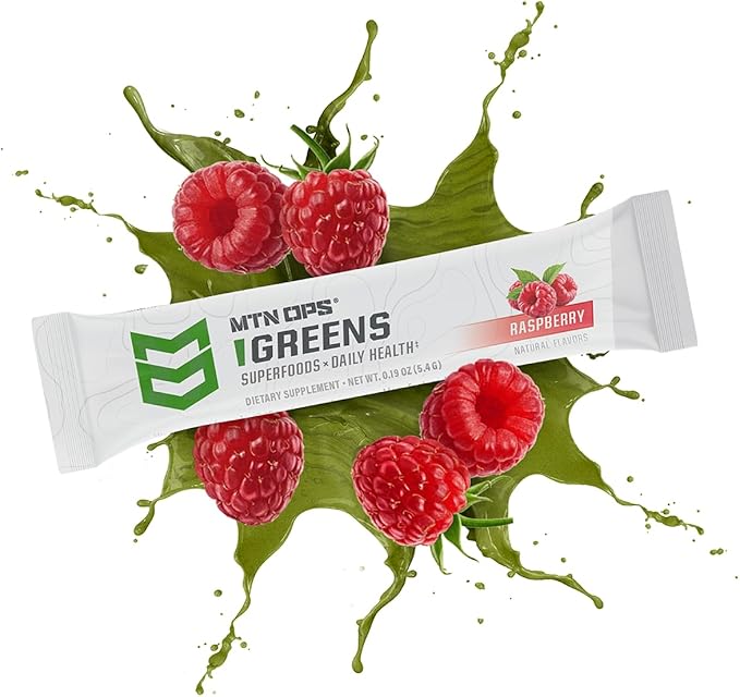 MTN OPS Greens Superfood Drink Mix Daily Greens Powder with Super Greens Chlorophyll Digestive and Immune Support Raspberry Flavor 30 On The Go Stick Packs