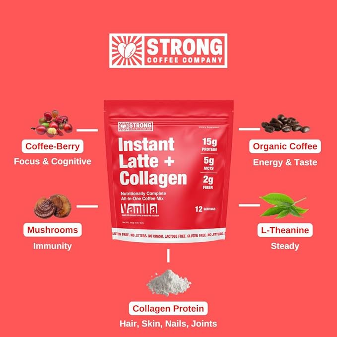 Strong Coffee Co. Vanilla Instant Latte | Organic Coffee with 15g Collagen Protein | Lion’s Mane &amp L-Theanine | Nootropic Instant Coffee | 12 Serving