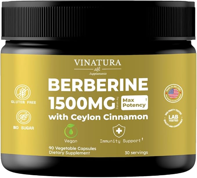 VINATURA Berberine 1500mg - Berberine Supplement with Ceylon Cinnamon Max Potency Berberine HCL - 90 Capsules