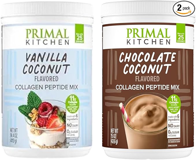Primal Kitchen Collagen Powder Variety Pack – Vanilla Coconut 14.4 oz Chocolate Coconut 15 oz– Paleo Friendly Keto Certified Collagen Peptides