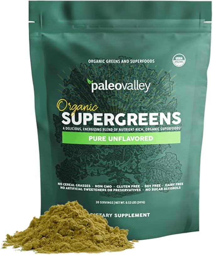Paleovalley Organic Supergreens Powder - 23 Superfoods with Prebiotic Fiber for Energy and Immunity Support - No Cereal Grasses for Maximum Absorption - Pure Unflavored 30 Servings