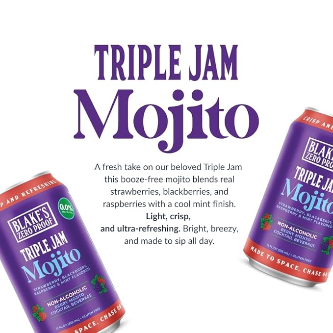 Blake’s Zero Proof Triple Jam Mojito Sparkling Mocktail – Non Alcoholic Carbonated Juice Beverage Gluten Free Berry Mint Inspired Flavor Lightly Carbonated Cocktail-Inspired Drink 12 Pack of Cans