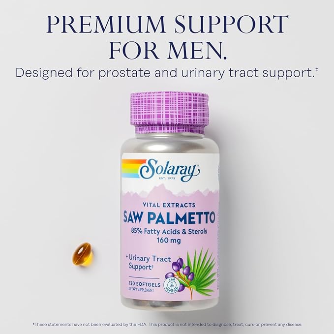 SOLARAY Saw Palmetto Extract - Prostate Health and Urinary Tract Support - 136 mg Fatty Acids and Sterols - Lab Verified 60-Day Money-Back Guarantee (120 Servings 120 Softgels)