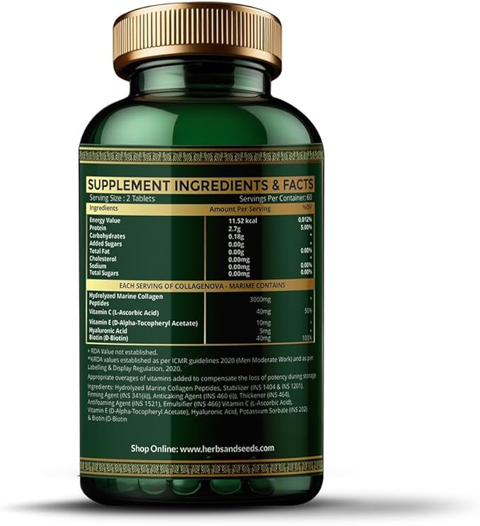 Herbs &amp Seeds Marine Collagen Pills for Women &amp Men 120 Capsules | Type I II III V X - Hydrolyzed Collagen Peptides with Biotin Hyaluronic Acid &amp Vitamin CE Skin Hair Nail &amp J