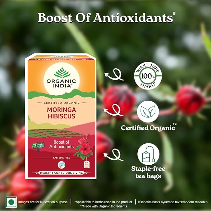 A TATA Product - Organic India Moringa Hibiscus Infusion 25 Tea Bags Certified Organic Antioxidant-Rich Caffeine-Free Whole Herb Blend