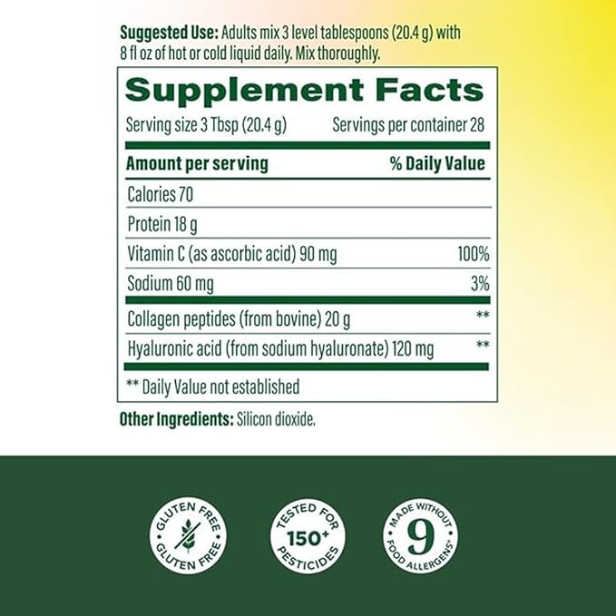 MegaFood Collagen Peptides for Women &amp Men - Unflavored Collagen Powder with Hyaluronic Acid &amp Vitamin C - Supports Skin Hair Nails &amp Joint Health - 20g Grass Fed Bovine Collagen - 20oz 2