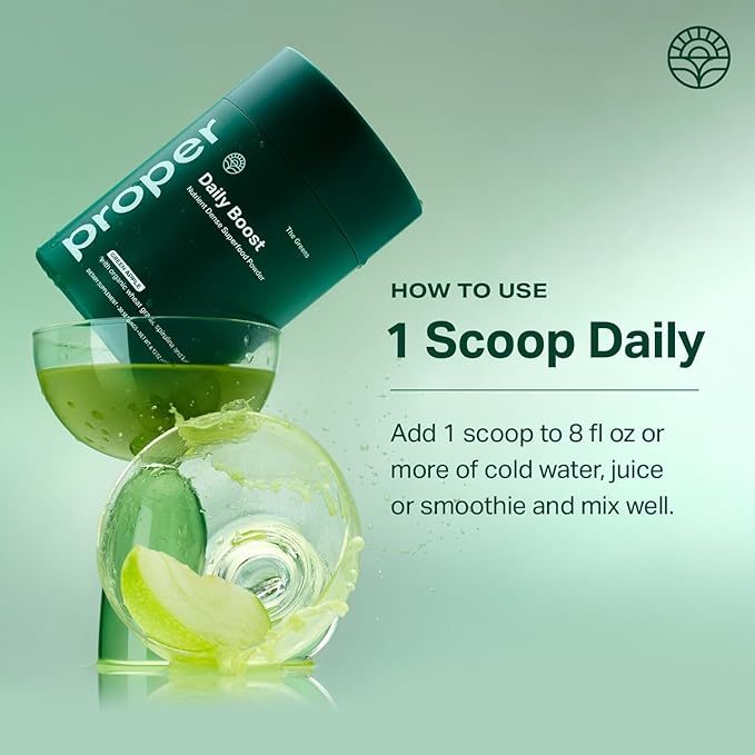 Proper The Greens Daily Boost Organic Greens Powder. Whole Food Apple Flavour Veggie Powder Superfood with Wheatgrass Spirulina Chlorella Probiotics. Daily Drink Mix for Wellness and Digestion