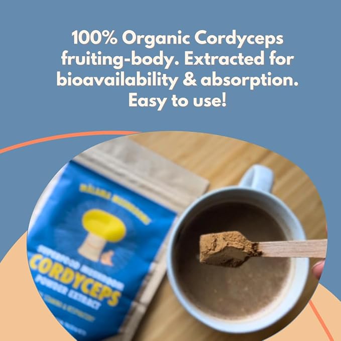 Cordyceps Extract Powder by Malama Organic Fruiting Body Cordyceps Mushroom Powder Superfood Adaptogenic Supports Energy Endurance &amp Mood 100 Servings
