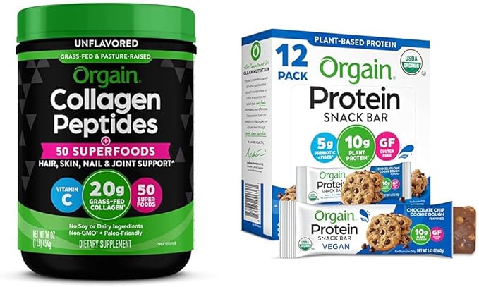 Orgain Hydrolyzed Collagen Powder + 50 Organic Superfoods 20g Collagen Organic Vegan Protein Bars Chocolate Chip Cookie Dough - 10g Plant Based Protein Bundle
