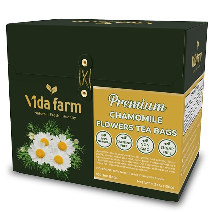 VIDA FARM 100 Chamomile Tea Bags Natural Chamomile Flowers Tea Bags Dried Herbal Flowers Sugar Free Caffeine Free Gluten Free