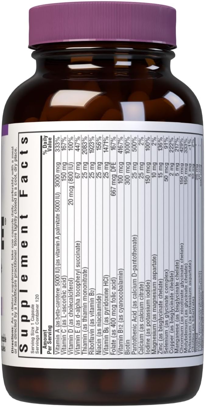 Bluebonnet Nutrition Multi One (Iron Free) Vegetable Capsules Complete Full Spectrum Multiple B Vitamins General Health Gluten Free Milk Free Kosher 120 Count