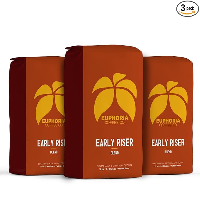 EUPHORIA COFFEE CO. Early Riser Whole Bean Coffee - Light &amp Dark Roast Blend | 12oz Bag (3 Pack)