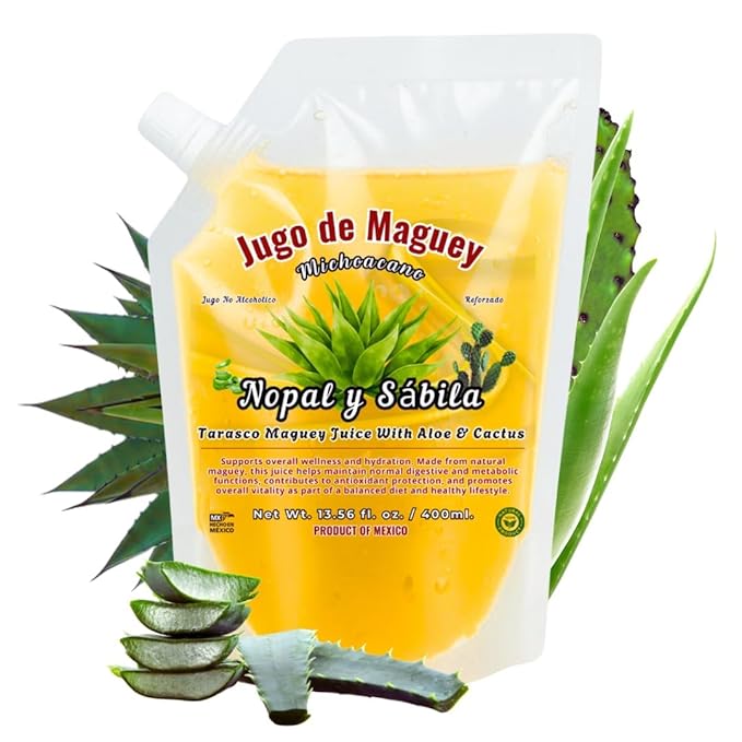 Maguey Juice Nopal Y Sabila - Jugo De Maguey Michoacano Extract 400ML | All Natural 100% Juice | Jugo de Maguey de Michoacan Sabor Natural El Original +Aloe Vera + Nopal - Natural Flavor - With Aloe