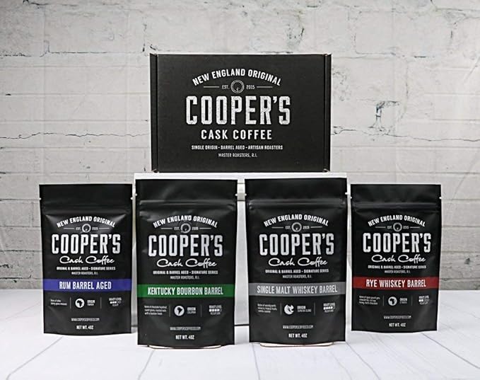 Decaffeinated Gourmet Coffee Sampler Gift Box Set - Whole Beans - 4-Pack - 4oz and Bourbon Barrel Aged Coffee Whole Bean Set - 4-Pack - 4oz