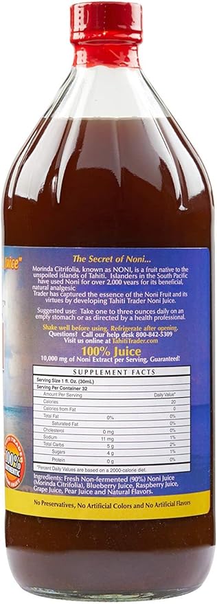 TAHITI TRADER (4-PK) Original High Potency Noni Juice - Pure Noni Fruit Juice with Blueberry &amp Raspberry - Organic Antioxidant Superfood Supporting Energy &amp Body Health - (32oz 4 Pack)