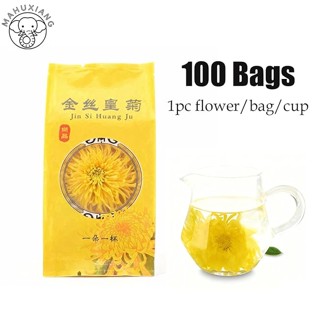 MAHUXIANG Golden Silk Chrysanthemum Tea Bags 100 Individual Tea Sachets – 1 Whole Flower Bud per Bag Caffeine-Free Herbal Tea Gluten-Free