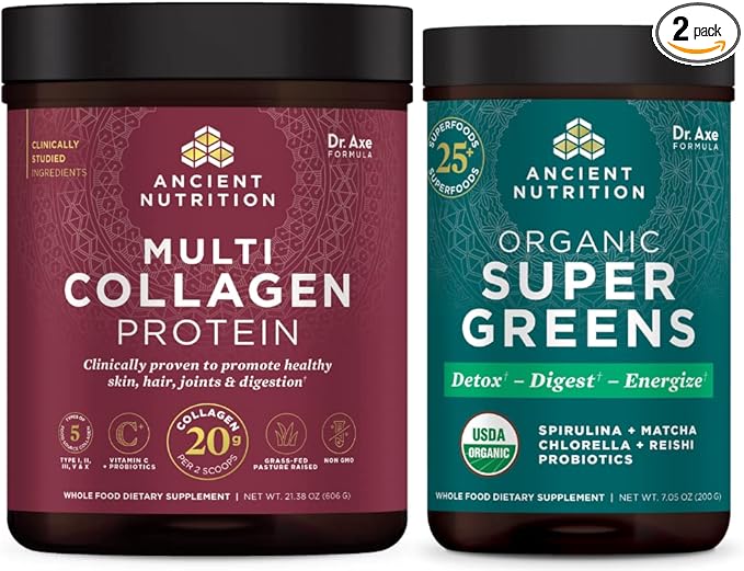 Ancient Nutrition Multi Collagen Protein Powder Unflavored 60 Servings + Supergreens Powder Greens Flavor 25 Servings