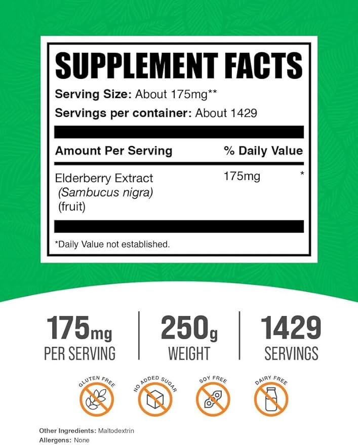 BulkSupplements.com Elderberry Extract Powder - Elderberries Sourced from Black Elderbrry Immune Support Supplement - Gluten Free - 175mg per Serving 250g (8.8 oz) (Pack of 1)
