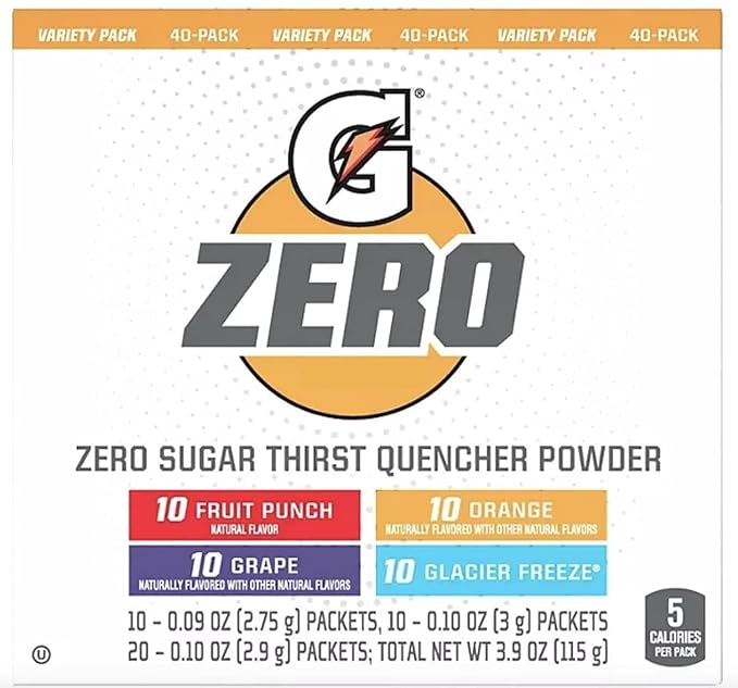 Gatorades G Zero Sugar Thirst Quencher Powder (Pack Of 40) 10 Flavors Of Each (Fruit Punch Orange Grape &amp Glacier Freeze)