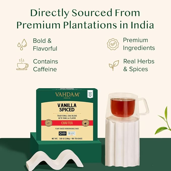 VAHDAM Vanilla Spiced Chai Tea | 100 Tea Bags | Delicious Blend of Vanilla Masala Chai | Brew Hot Cold or Iced