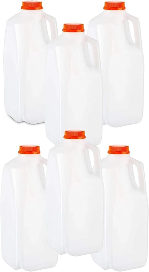 64 Oz. Empty HDPE Plastic Juice / Milk Bottles (Pack Of 6 x 64 Oz Ea) With Orange Tamper Evident Screw Caps – Great for Homemade Juices Milk Smoothies Tea and Other Beverages - Food Grade BPA Free