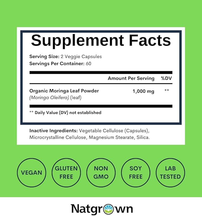 Natgrown Organic Moringa Capsules 1000 mg - Pure Moringa Leaf Powder - Green Superfood Supplement - Vegan Gluten-Free - 120 Capsules