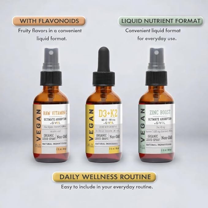 Raw Vitamin C D3 &amp K2 Liquid Zinc Picolinate - Premium Liquid Vitamins - 180 Days Supply -Trio Bundle
