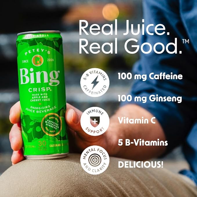 BING CRISP Energizing Juice Beverage – Apple &amp Cherry (12oz/12pk) – Made with REAL Juice! Only 2g added Sugar Low Calorie 5 B-Vitamins &amp Ginseng 100mg Caffeine Vegan Gluten + Dairy Free.