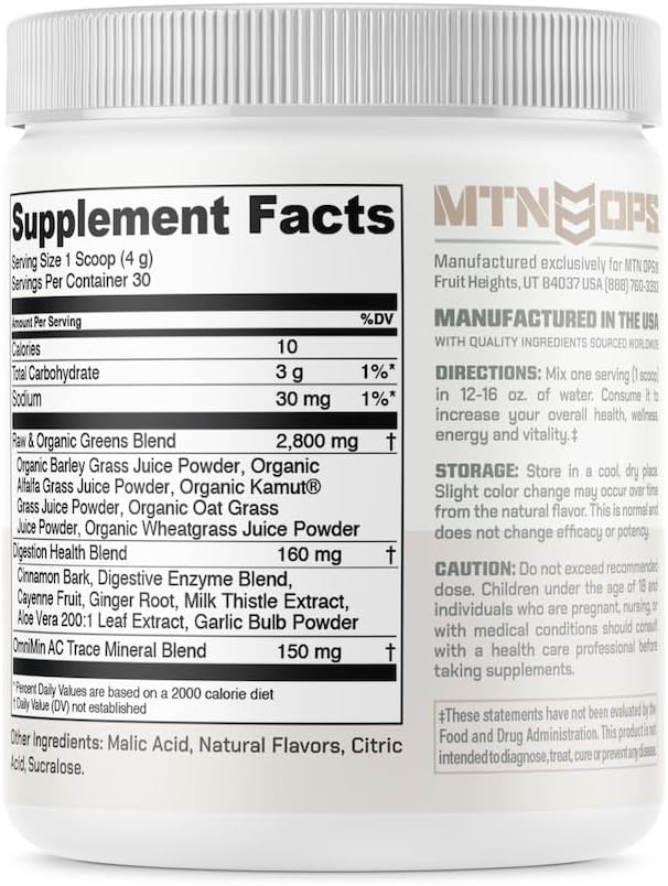 MTN OPS Greens Organic Greens Superfood Powder with Super Greens Antioxidants Digestive and Immune Support Strawberry Flavor 30 Servings
