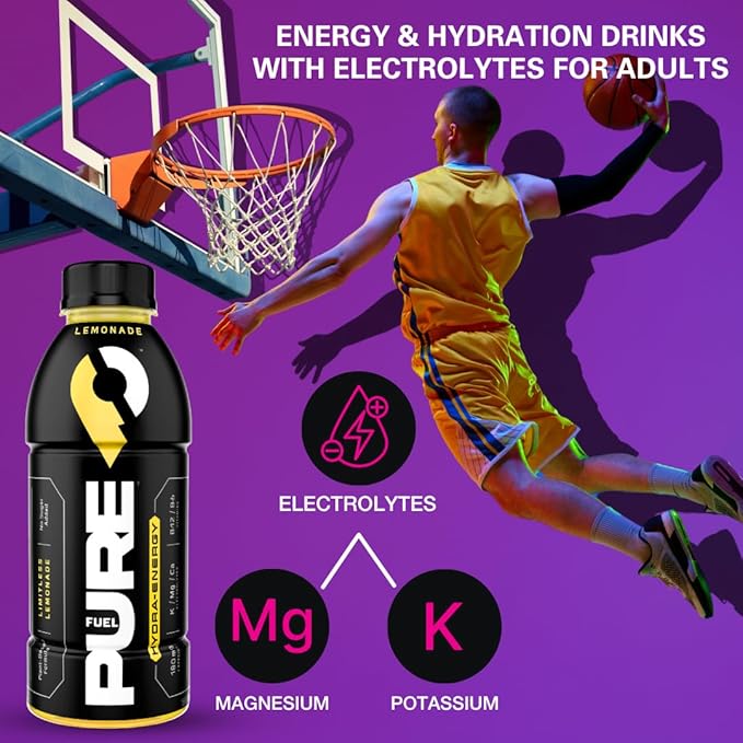 Pure Fuel Healthy Energy Drinks Limitless Lemonade - Sports Drinks - Plant Based - 180mg Natural Caffeine - 12pk x 16.9 fl oz