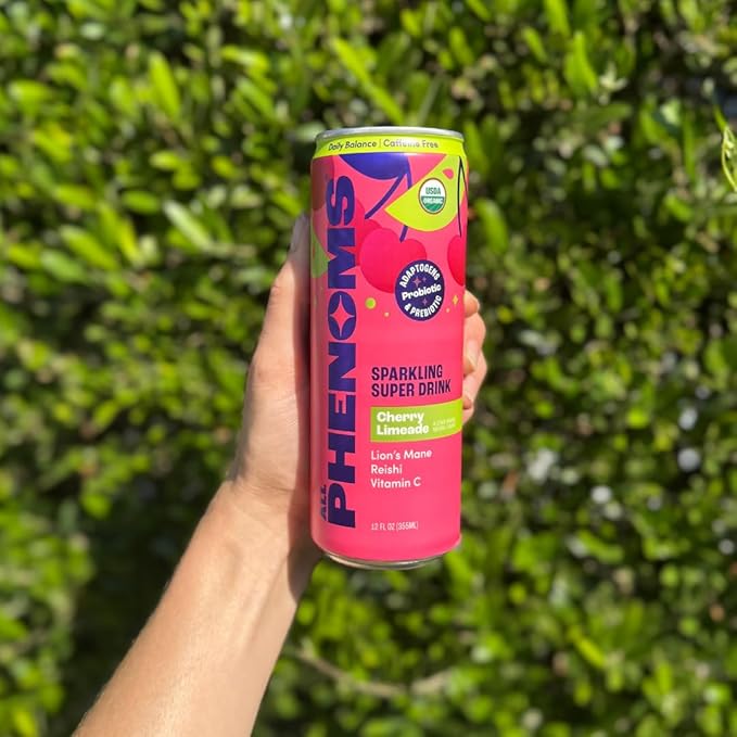 All Phenoms Daily Balance Sparkling Organic Prebiotic &amp Probiotic Drink - Adaptogen Mushroom Blend (500mg of Lions Mane &amp Reishi) Vit C Zinc (Non-Caffeinated No Stevia) - Cherry Limeade 12