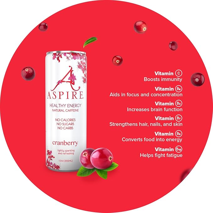 Aspire Cranberry Healthy Energy Drink Natural Caffeine from Green Tea Keto-Friendly Sugar-Free Zero Calories 12 fl oz Cans (Pack of 24)
