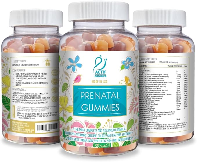 Actif Prenatal Gummies with 25+ Organic Vitamins and Organic Herbal Blend - Non-GMO 100% Vegetarian 90 Count Made in USA