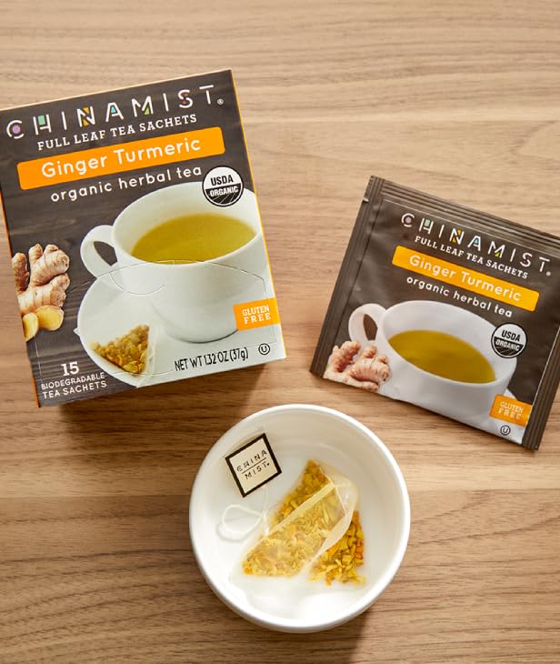 China Mist Full Leaf Tea Sachets Ginger Turmeric Organic Herbal Tea 6x15 Biodegradeable Tea Sachets (90 total)