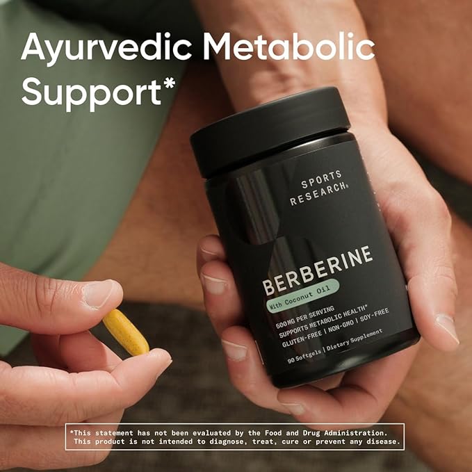 Sports Research Berberine Supplement with Coconut Oil - Herbal &amp Ayurvedic Metabolic Health Support - Berberine 500mg 90 Softgels - Gluten-Free Non-GMO Berberine Powder